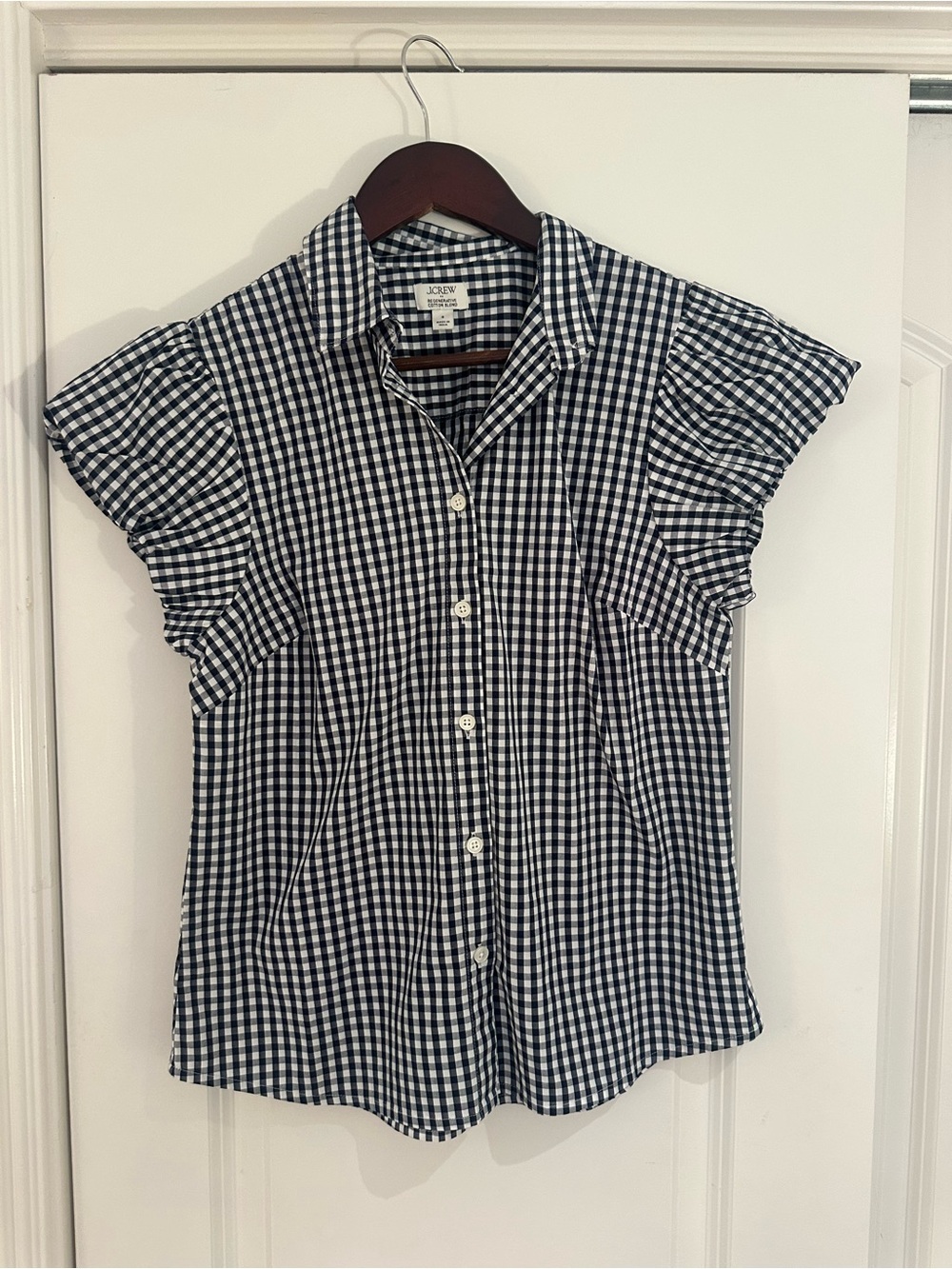 J. Crew Navy and White Gingham Button-Down Cap Sleeve Shirt